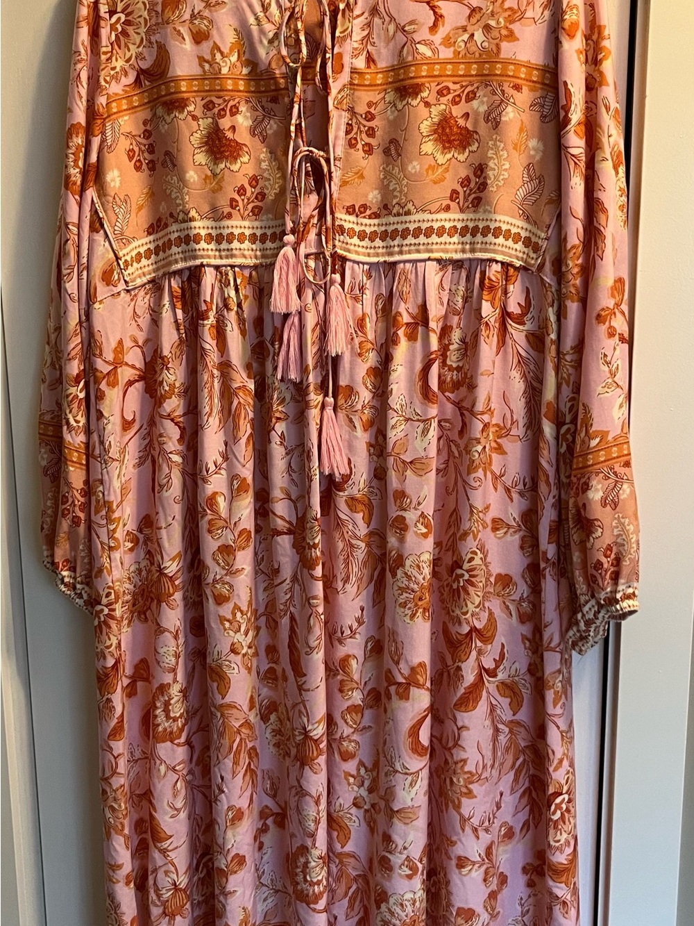 Bohemian Floral Tie-Front Maxi Dress in Pink and Rust